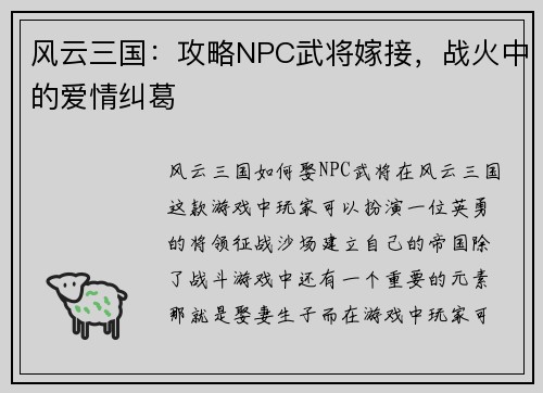 风云三国：攻略NPC武将嫁接，战火中的爱情纠葛