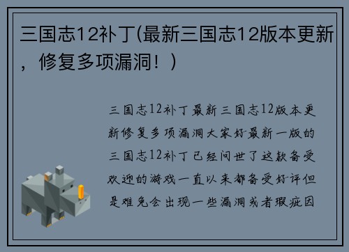 三国志12补丁(最新三国志12版本更新，修复多项漏洞！)